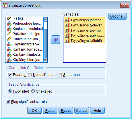 PASW 18 OPAS 19 6 KORRELAATIO 1. Valitse valikkokomento Analyze - Correlate - Bivariate, jolloin aukenee Bivariate Correlations -valintaikkuna. 2.