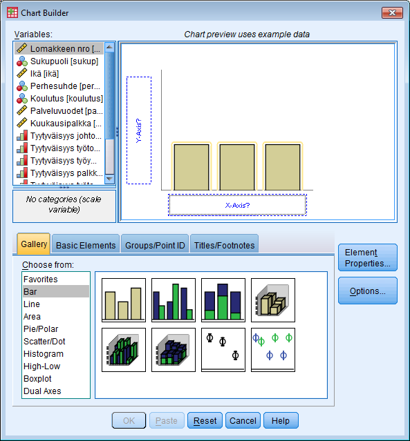 PASW 18 OPAS 20 7 GRAFIIKKA Grafiikan laatiminen aloitetaan valitsemalla Graphs - Chart Builder. Jos saat huomautuksen muuttujien mitta-asteikoista, niin voit ohittaa tämän OK painikkeella.