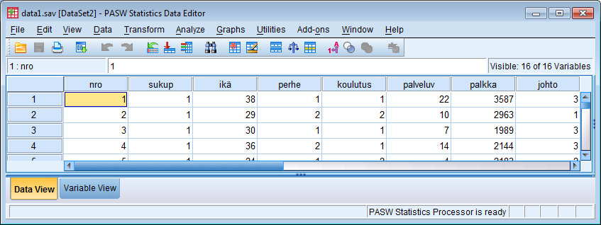 PASW 18 OPAS 5 Yhteisiä määrittelyitä usealle muuttujalle Jos usealla muuttujalla on samanlaisia määrittelyitä, niin voit hyödyntää kopiointia: 1.
