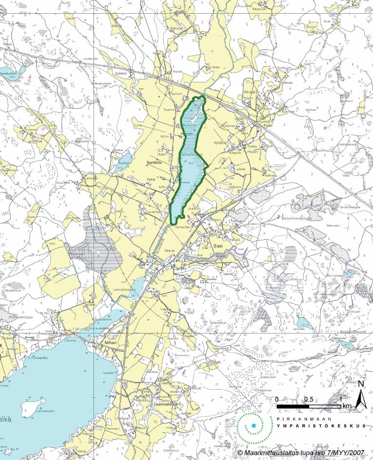 2 Alueen kuvaus 2.1. Yleiskuvaus Sarkkilanjärvi sijaitsee Pirkanmaalla Hämeenkyrön kunnassa (kuva 1). Järven koillisosa kuuluu Palkon kylään, kaakkoisosa Sasin kylään ja länsiosa Sarkkilankylään.