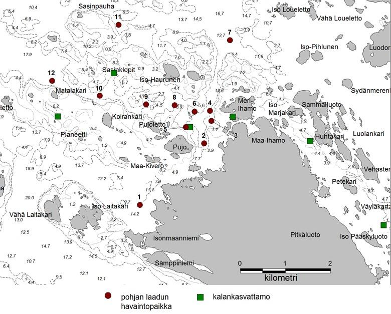 9 (39) Kuva 5. Pyhämaan merialueen pohjan laadun havaintopaikat vuonna 2014 Pehmeiden pohjien osuus vähenee siirryttäessä Mannervedeltä avomerelle päin.