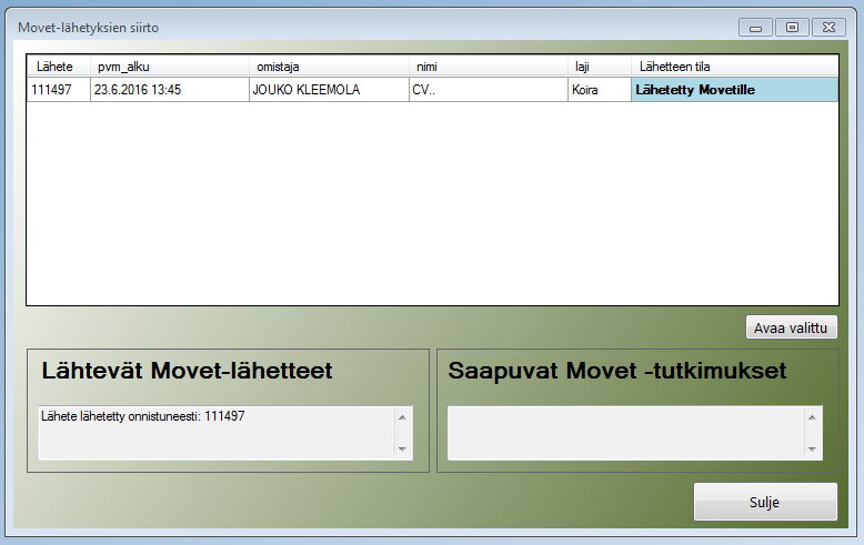 Movetin siirto-ikkuna Huom. Muista liittää Lähetetuloste näytelähetyksen mukaan. Huom. Movet laskuttaa eläinlääkäriä ja eläinlääkäri laskuttaa asiakasta Movet-lähetteiden yhteydessä.