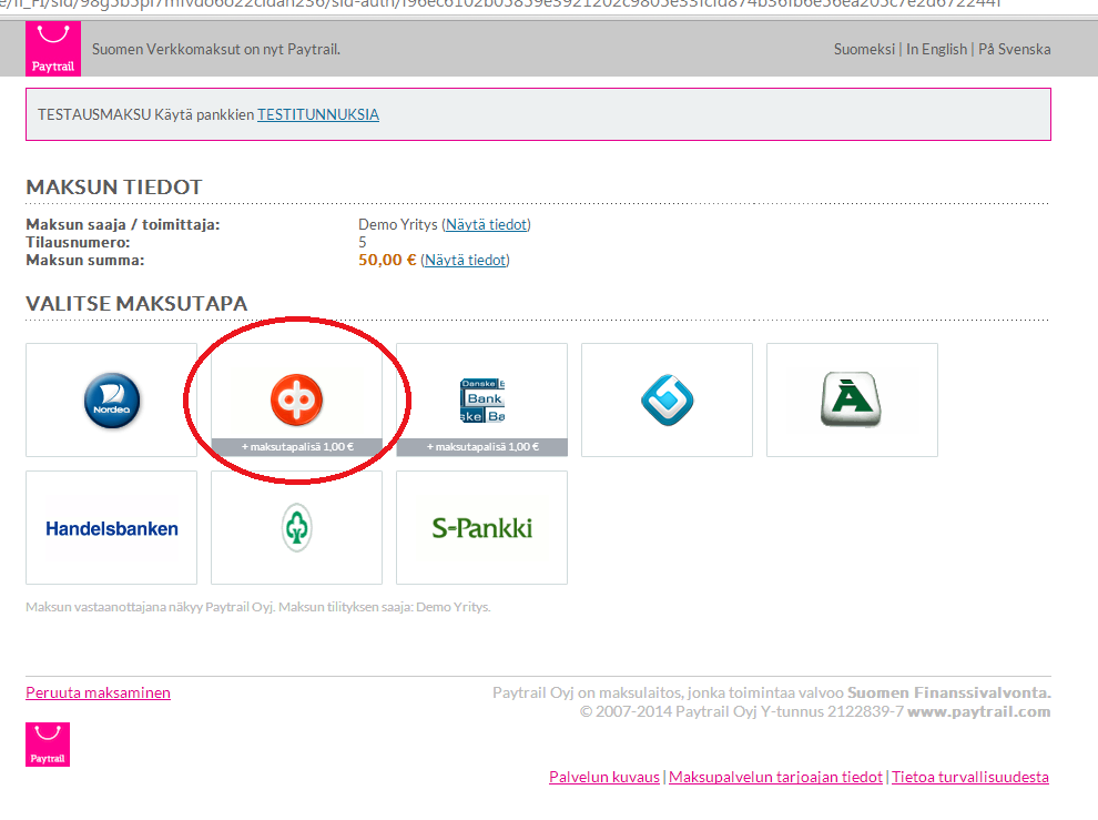 19. Demototeutuksessa käytettiin Paytrailia maksujen välittämiseen. Käyttäjä siirtyi Paytrailiin ja voi valita halutun pankin maksun maksamista varten.