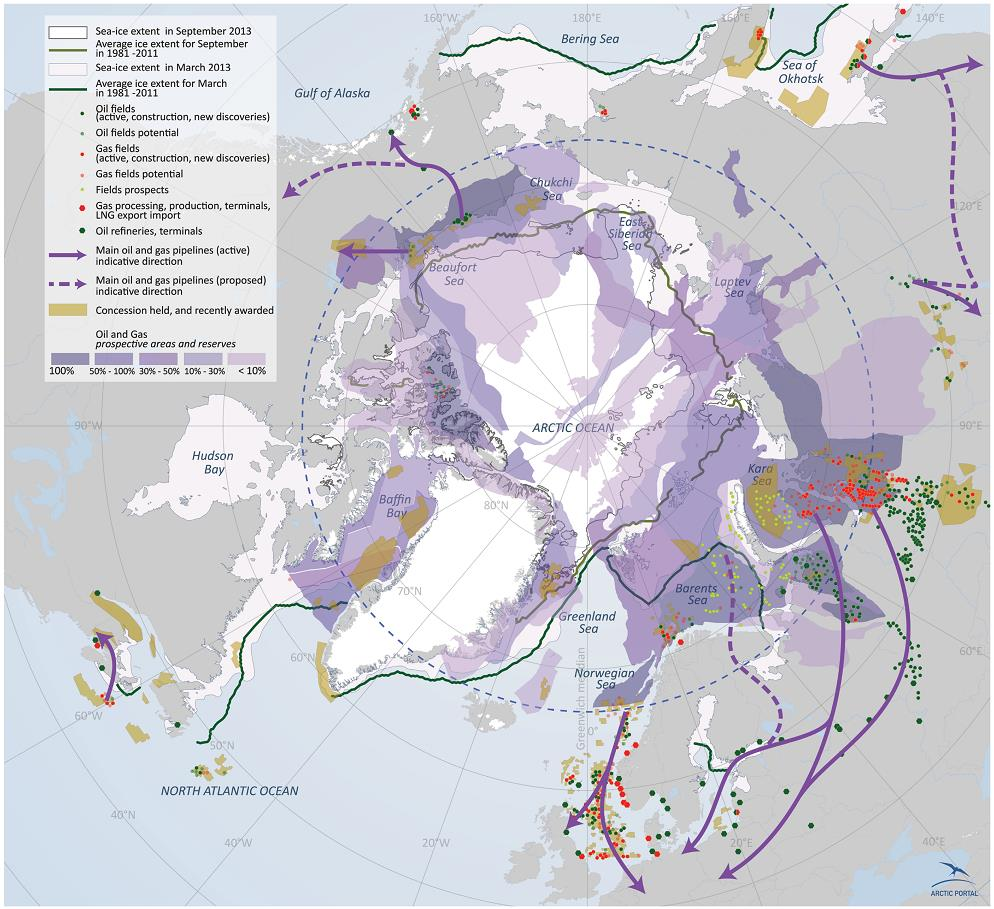 Kuva 1: Arvio öljy- ja kaasuvarantojen sijainnista arktisella alueella. Lähde: Arctic Portal; Stepien A, T Koivurova ja P Kankaanpää (toim.