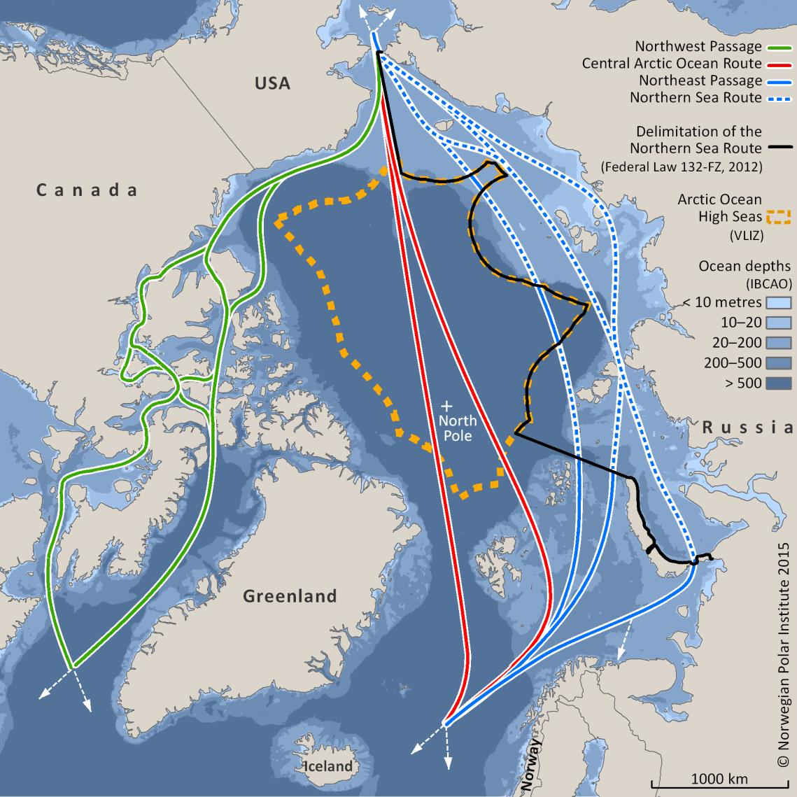 Kuva 2: Arktiset merireitit. Kuvassa myös Venäjän koillisväylän hallintoraja. Lähde: Norwegian Polar Institute 2015; Stepien, A, T Koivurova ja P Kankaanpää (toim.