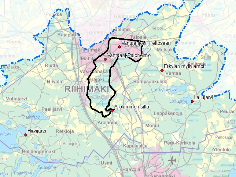 Kartta 1: Riihimäen merkittävä tulvariskialue ja sitä lähimmät hydrologiset havaintopaikat. ( Maanmittauslaitos lupa nro 7/MML/12 Hämeen ELY-keskus SYKE.