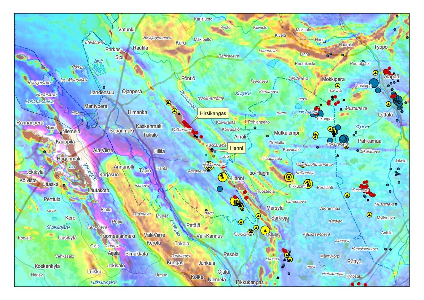 GEOLOGIAN TUTKIMUSKESKUS 11 Kuva 6. Himankajakson kultaesiintymät ja alueen viitteet magneettisella kartalla. Kairanreiät punaisilla ympyröillä ja viitteet keltamustilla ja sinisillä ympyröillä.