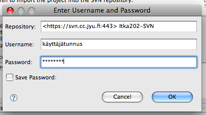 SVN kyselee käyttäjätunnusta ja salasanaa. Nämä ovat samat kuin tracia tai Korppia käyttäessäsi.