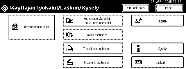 Käyttäjän todennus Uloskirjautuminen (ohjauspaneelia käyttämällä) Kirjaudu ulos seuraavien ohjeiden mukaisesti, kun Perustodennus, Windows-todennus, LDAP-todennus tai Integrointipalvelimen todennus