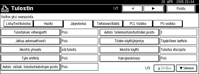 Muita tulostustoimintoja Tulostustyöluettelon käyttö Laitteelle tallennetut tulostustiedostot voidaan tulostaa. Voit valita tulostustiedostot Täydellinen luettelo- tai Käyttäjäkoodeittain-näytöiltä.