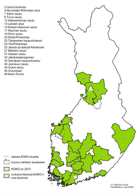 20 KOKO aluetta Länsi Uusimaa Salon seutu Turun seutu Hyvinkään Riihimäen talousalue Hämeenlinnan seutu Lahden alue Kotkan Haminan seutu Rauman seutu Porin seutu Etelä Pirkanmaa Tampereen