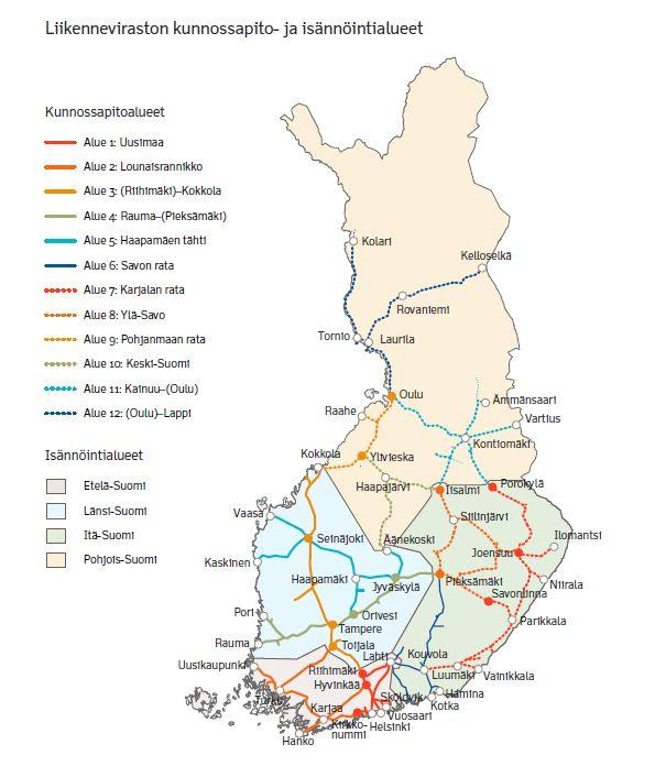 2 RADAN KUNNOSSAPITO Suomessa rataverkon kunnossapito on jaettu 12 eri alueeseen (kuva 1.), mitkä ovat Liikenneviraston hallinnoimia.