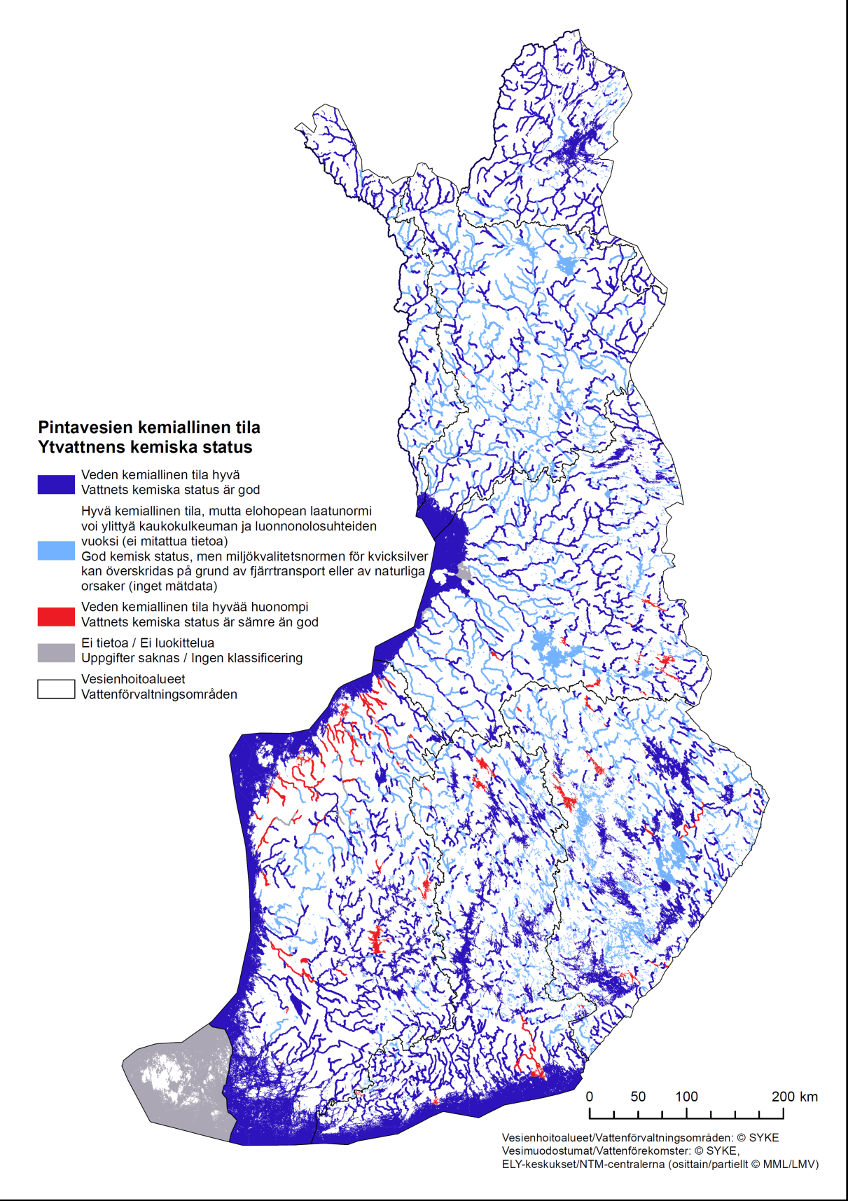 Pintavesien kemiallinen tila Suurin ongelma elohopea, yli 90 % Hg-laskeumasta tulee kaukokulkeutumana Vanhat synnit, kuten Kymijoen dioksiini- ja furaani kuormitus Happamat sulfaattimaat laaja