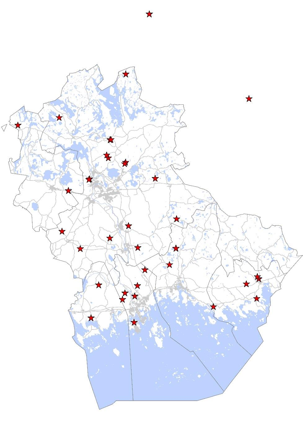 Kuva 2. Kyselyssä esiin tuotujen ampumaratojen sijoittuminen maantieteellisesti.