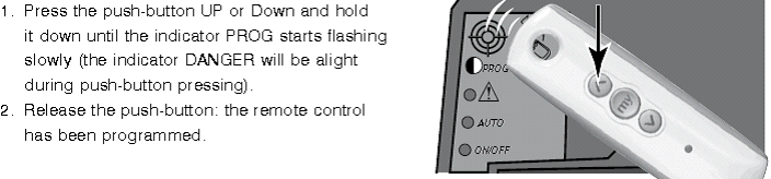 Kuinka lisätään 3-nappinen kaukosäädin 1: Paina joko UP tai DOWN-nappia ja pidä se pohjassa kunnes PROG-valo vilkkuu hitaasti (DANGER-valo palaa myös napin painamisen aikana).