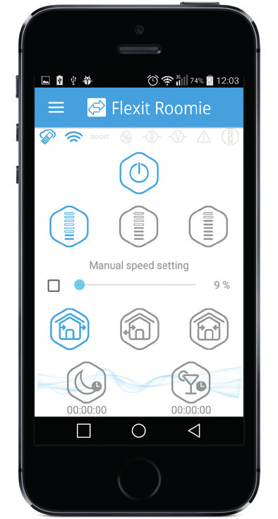 Flexit Roomie App Roomie One og Roomie Dual kan styres med app fra smarttelefon og nettbrett. App lastes ned gratis fra Play butikk eller App store.