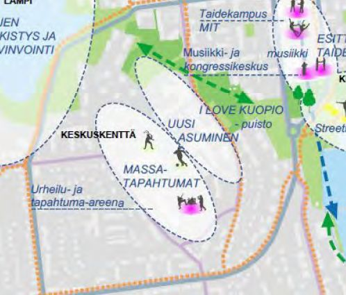 Siinä suunnittelualue on merkitty uudeksi asuinalueeksi ja viereinen keskuskentän pallokenttäalue massatapahtuma-alueeksi.