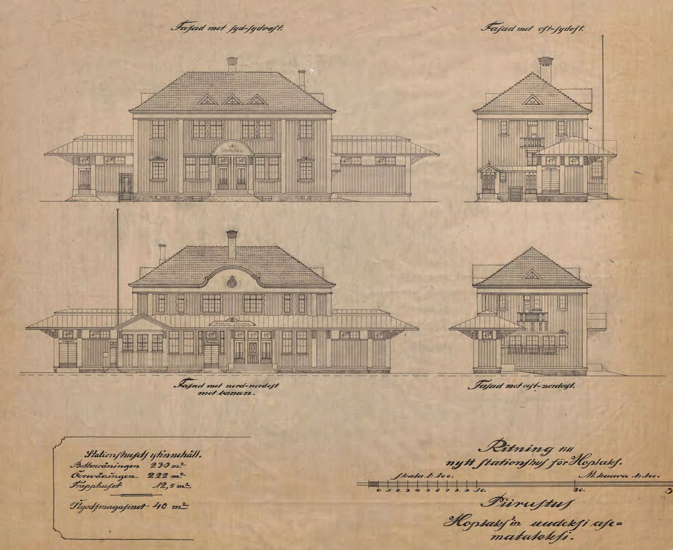 Yllä Huopahden uuden asemarakennuksen julkisivupiirustukset vuodelta 1914. Kuva: Kansallisarkisto. Huopalahden uuden asemarakennuksen suunnittelu aloitettiin vuonna 1914.