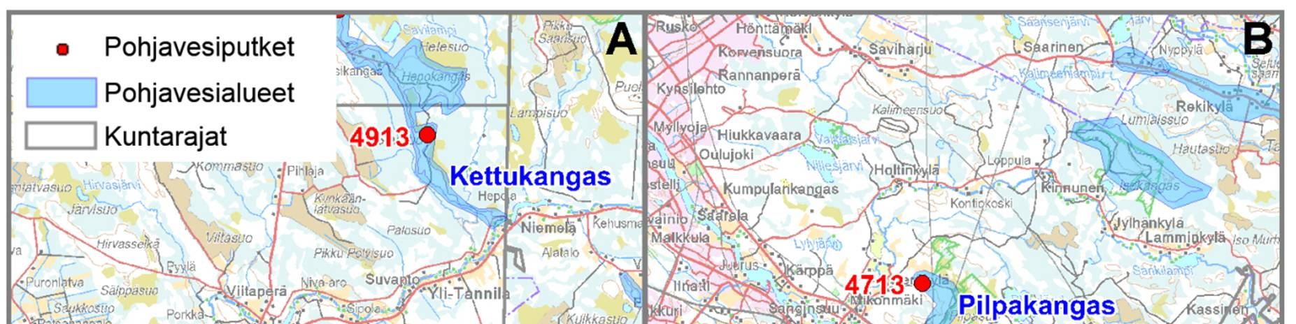 14 Kuva 4-6. Lähikuva Oulun pohjavesiputkien sijainnista. Huhkajakangas Huhkajakankaan alueella kairaussyvyys oli 13,0-14,0 m.