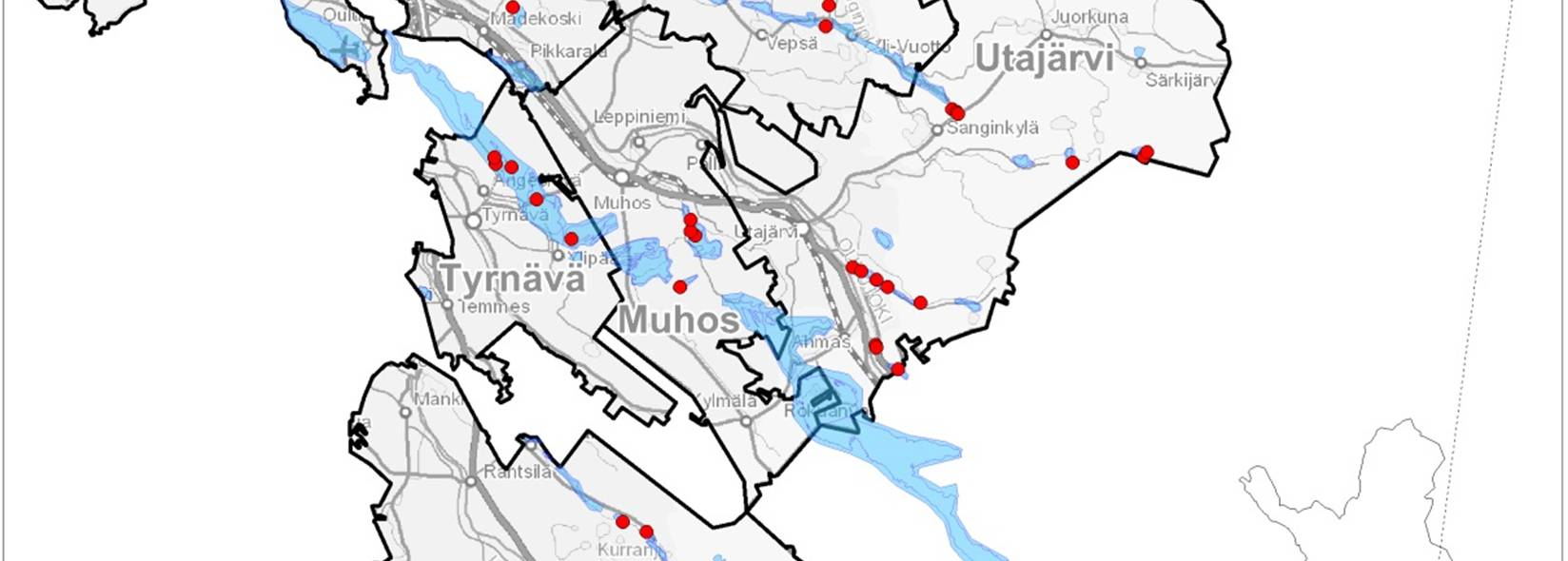 Oulu 9 kpl, Pudasjärvi 49 kpl, Siikalatva 3 kpl, Tyrnävä 5 kpl, Utajärvi 15 kpl) yhteensä 95 kappaletta 49 pohjavesialueelle.