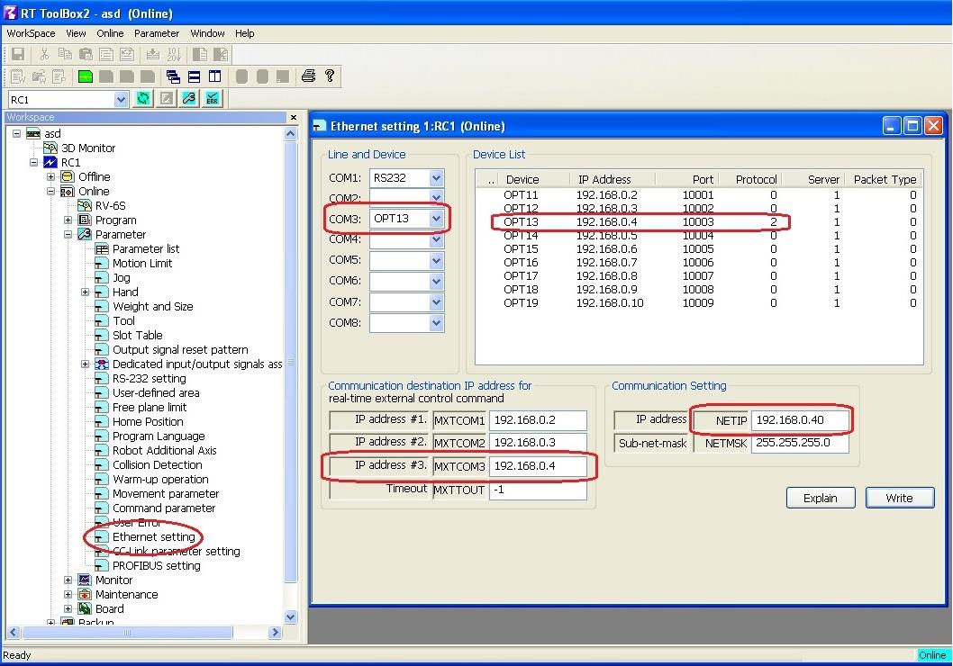 14 IPAddress-kohtaan valitaan robottiohjaimen osoite. Port-kohdan 10003 määräytyy robottiohjaimen asetusten mukaan. Robottiohjaimen asetukset muutin RT Toolbox 2 -ohjelman avulla.