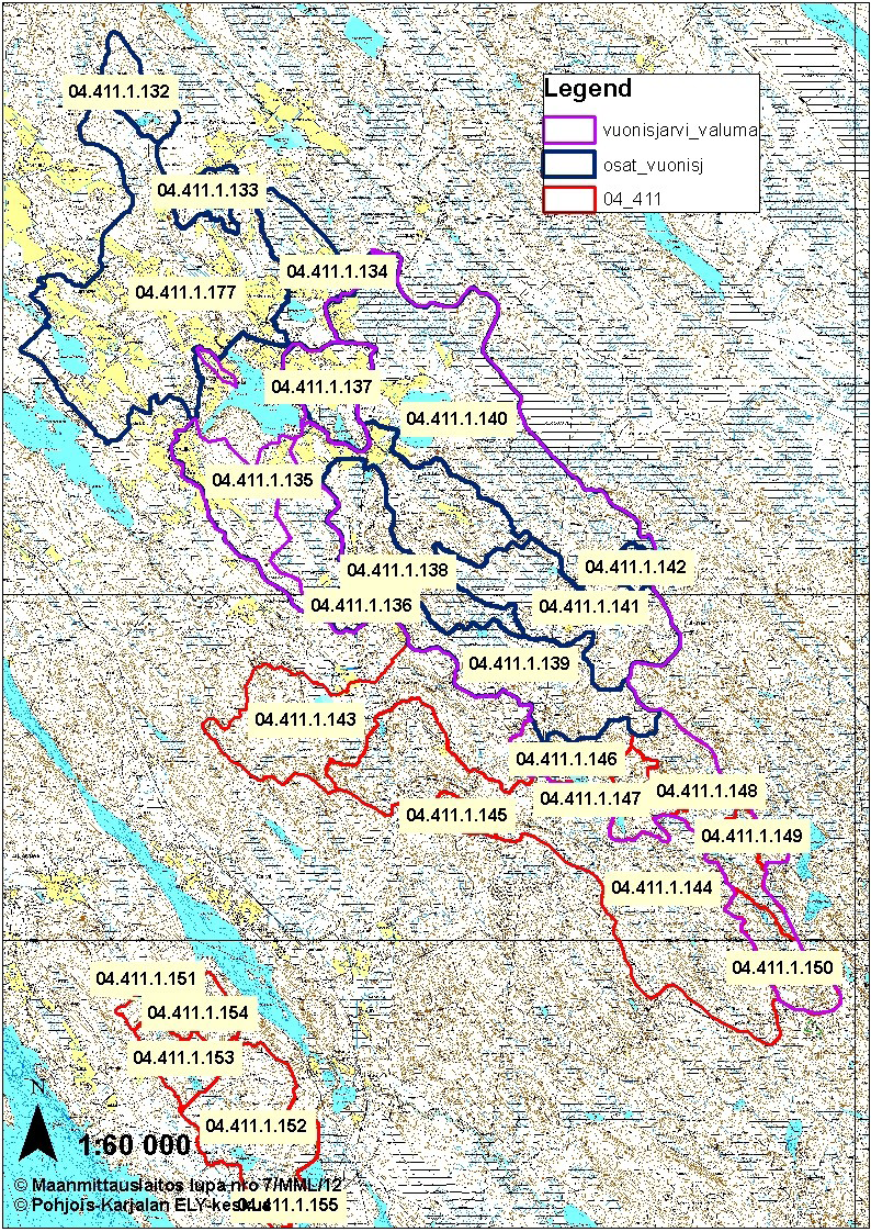 Pitkälahdenpuron yläjuoksu 6647, 70086.. Yhteensä (uomat -)..,4 Kuva. Vuonisjärven tarkennettu vesistöaluerajaus (Käki, Pohjois-Karjalan ELY-keskus 0). Kuva. Vuonisjärven vesistöalue kolmannen jakovaiheen mukaan sekä kuormitustutkimuksen havaintopaikat - vuonna 0.