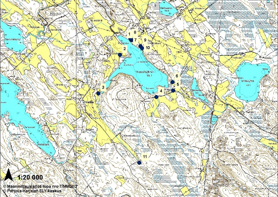 Vuonisjärven kuormitustutkimuksen havaintopaikat - vuonna 0. Kuva. Vuonisjärven pohjaeläimistön, pohjasedimentin ja veden laadun havaintopaikat - vuonna 0.