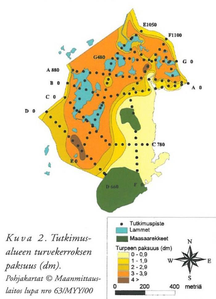 Kuva 4.3. Turpeen paksuus Pornaistenniemen ja Hakalanniemen edustalla 1998. (Mikkola-Roos ym.