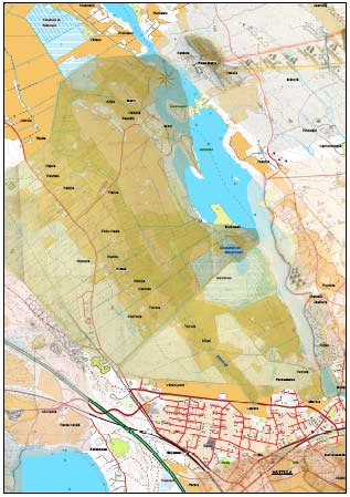 Liite 1a-b. Karttojen päällekkäisprojisoinnit 1600-luvun geometristen karttojen ja nykypäivän karttojen kesken. Dennis Söderholm/Ramboll Oy, 2008.