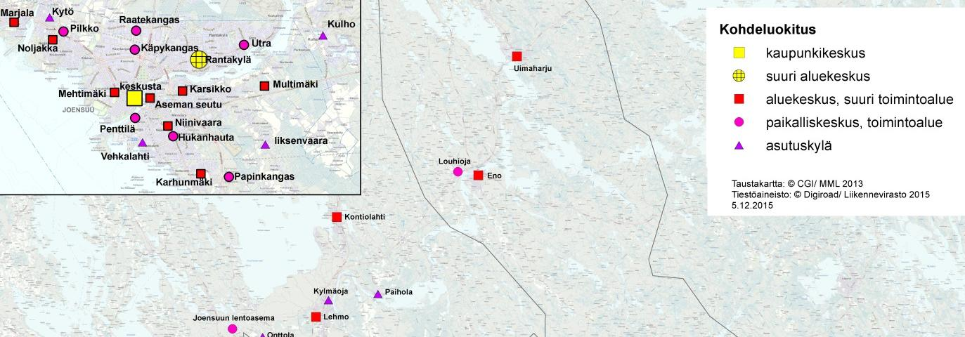 Joensuun kaupunki 19 Joensuun pyöräilyverkon määrittelyä varten rakennettua kohdeluokitusta (kuva 10) ei tule käyttää sellaisenaan muuhun kuin pyöräilyn hierarkkisen verkon määrittämiseen tai