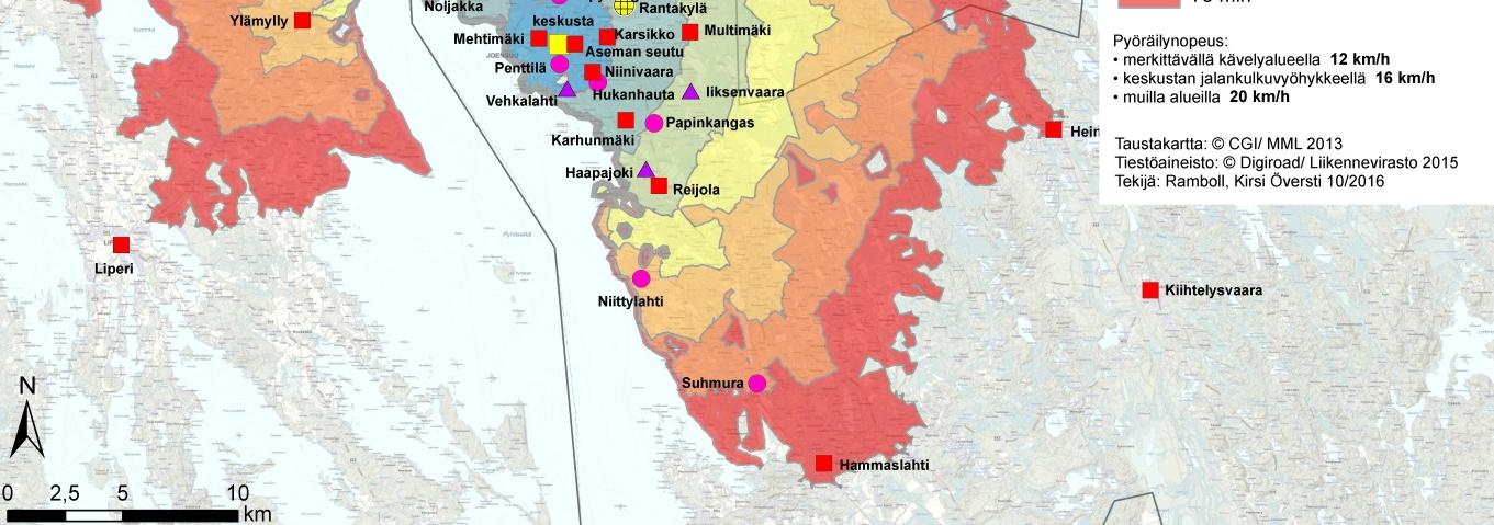 Pyöräilyn saavutettavuuden näkökulmasta etäämpänä sijaitsevien aluekeskusten voidaan katsoa toimivan seuraavilla tavoilla: tapaus 1; aluekeskus synnyttää pyöräilymatkoja vain omalta pyöräilyn