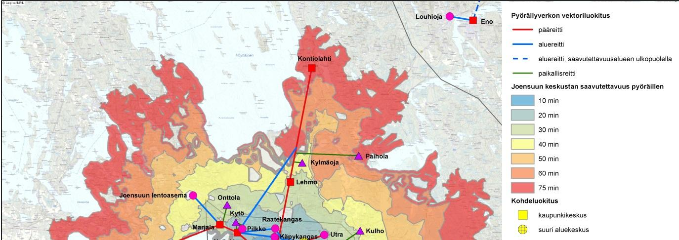 Joensuun kaupunki 23 Kuva 13. Vektoripohjainen pyöräilyverkko Joensuussa yhteystarpeet kohteiden välillä. 3.3 Pyöräilyn tavoiteverkko 3.3.1 Kantakaupunki, Reijola ja Niittylahti Pyöräilyn pää- ja aluereitit muodostavat pyöräilyn tavoiteverkon (kuvat 14 ja 15).