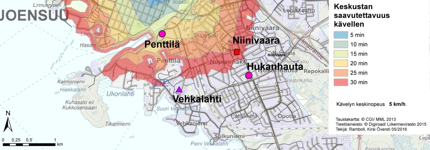 Tällaisia jalankulun kehittämisalueita (kuva 18) ovat: kävelykeskusta ja keskustan kehän sisäpuolinen alue jalkakäytävät torit ja torimaiset alueet sekä niiden lähiympäristö iäkkäiden palvelutaloja