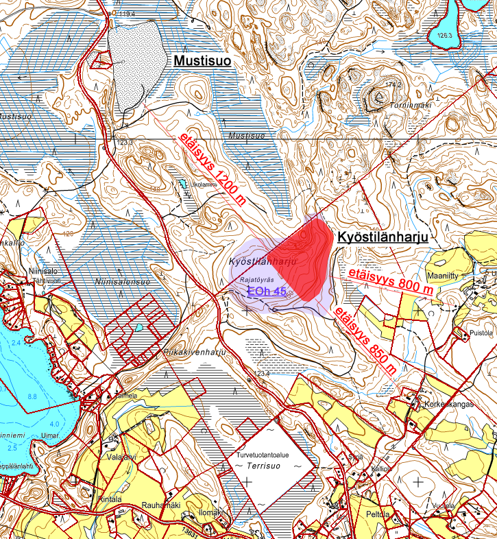 16 (34) KUVA 2. Lähestymiskartta Kyöstilänharjun kiviainesten ottoalueelle. Kuvassa punaisella ottosuunnitelman mukainen ottoalue ja sinisellä maakuntakaavan EOh45 -merkintä.