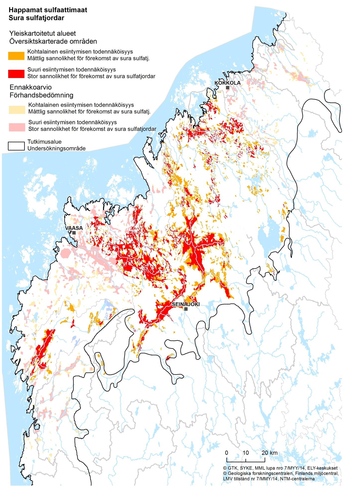 Kuva 4.4a. Happamien sulfaattimaiden todennäköinen esiintyminen GTK:n tekemien yleiskartoitusten ja ennakkoarvion mukaan.