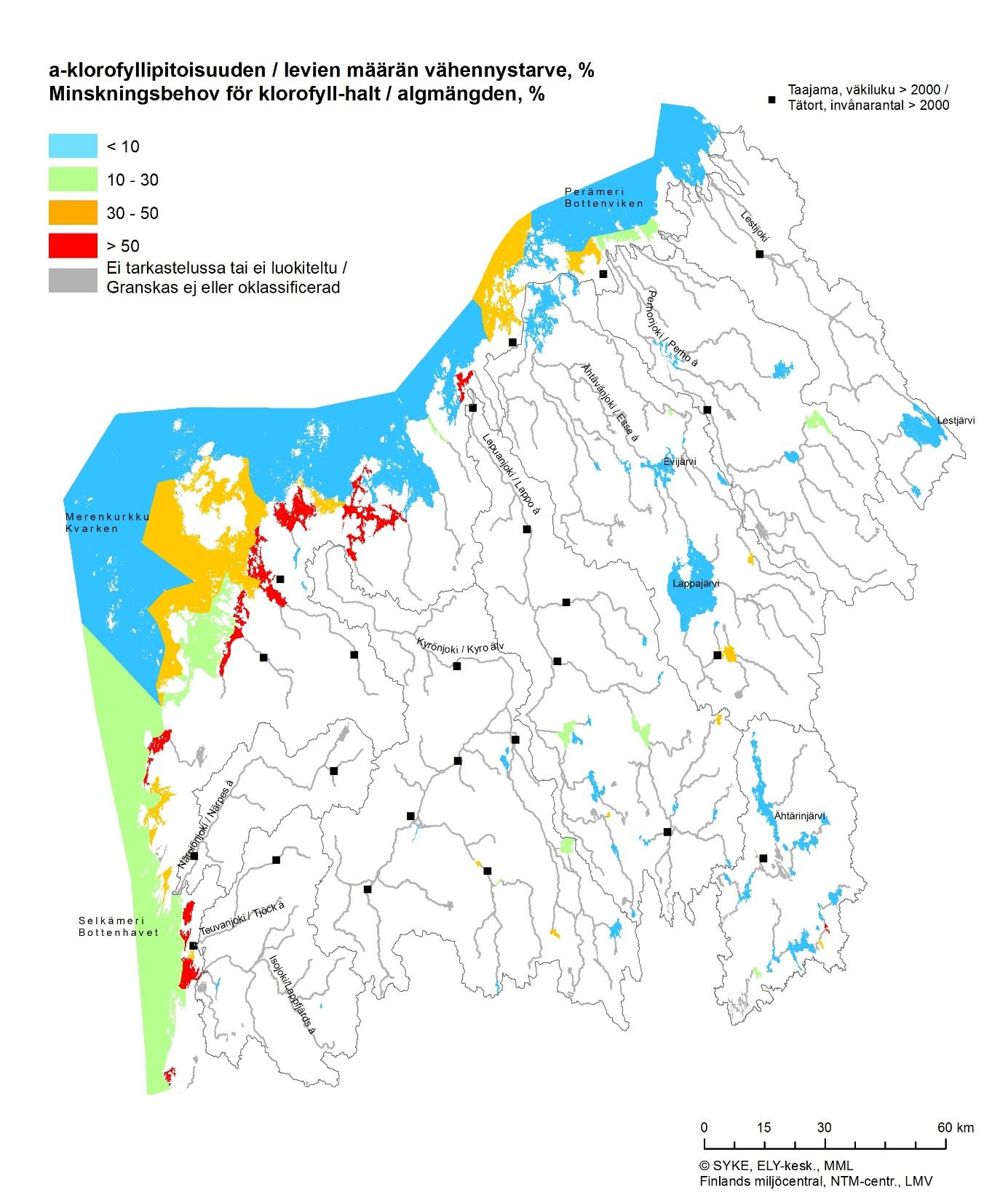 Kuva 7.3b. a-klorofyllipitoisuuden vähennystarve. 7.3.1 Jokien tilatavoitteet Muutamassa alueen joessa hyvä tila on jo saavutettu, vaikka se saattaakin olla uhattuna.