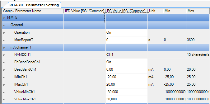 Asetukset ValueMinCh1 ja ValueMaxCh1 määritetään erotusmuuntimen tulopuolella olevan shunttivastuksen arvojen