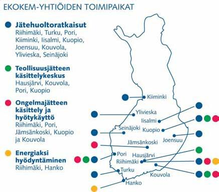 Kuva 2-2 Ekokem-yhtiöiden toimipaikat Ekokem-Palvelu Oy on ympäristörakentamisen erityisosaaja, joka palvelee asiakkaitaan eri puolilla Suomea.