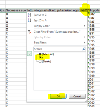 Valitse arvo X sarakkeeseen Suomessa suoritettu ylioppilastutkinto ja/tai