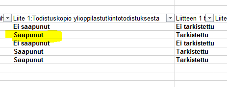 Huom. Excelistä on mahdollista tarkistaa, onko hakija jo toimittanut liitteen.