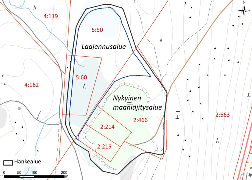 Jyväskylän kaupunki 9 Kuva 6. Hankealue muodostuu nykyisestä maanläjitysalueesta, laajennusalueen pinta-alaltaan suurimmasta vaihtoehdosta sekä näiden ympärille jätetystä 10 m suojavyöhykkeestä.