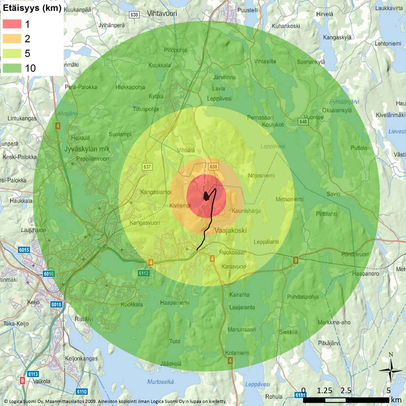 Jyväskylän kaupunki 29 Kuva 17. Etäisyysvyöhykkeet 1, 2, 5 ja 10 kilometrin etäisyydellä hankealueesta. Kuvaan on merkitty hankealueen lisäksi myös kuljetusreitti Leppävedentiellä.