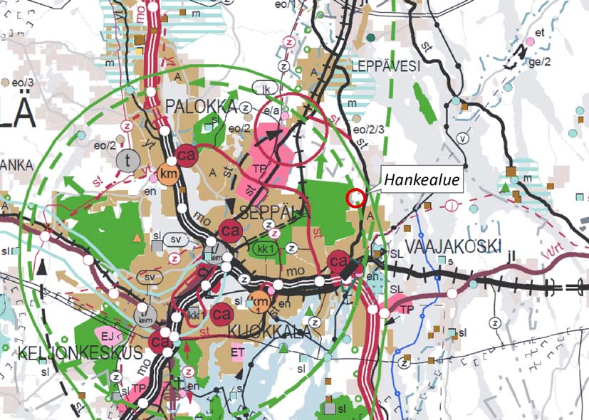 34 Jyväskylän kaupunki 9.3.2.2 Vaihemaakuntakaavat Kuva 21. Ote Keski-Suomen maakuntakaavasta (Keski-Suomen liitto 2012). Hankealue on merkitty kuvaan punaisella.