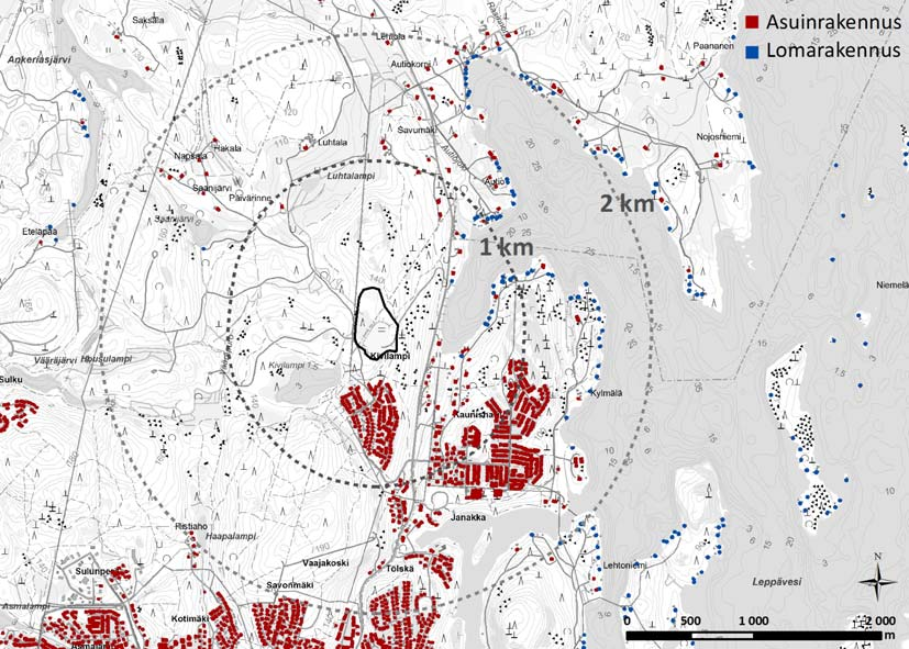 Jyväskylän kaupunki 39 Kuva 26. Asuin- ja lomarakennukset hankealueen läheisyydessä. Taulukko 6. Asuin- ja lomarakennukset yhden ja kahden kilometrin etäisyydellä hankealueesta (Maastotietokanta MML).