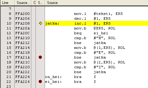 Ohjelman testaus Alla on lueteltu oleellisimmat toiminnot liittyen ohjelman testaukseen. Ne löytyvät Debug-valikosta tai kuvan mukaiselta työkaluriviltä.