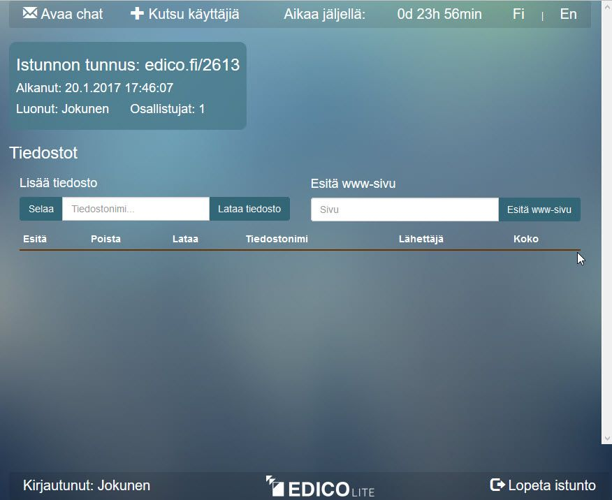 Edico Lite, istunnon avausnäkymä Avaa chat - suljettu chat-ikkuna avataan Esitä ww-sivu - teksti-ikkunaan voidaan antaa www-sivun osoite, josta sivu saadaan näyttöalueelle Kutsu käyttäjiä - avaa