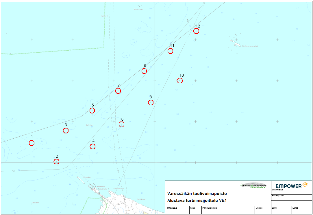Kuva 4. Varessäikän voimaloiden alustava sijoittelu vaihtoehdossa VE1 ja VE2 (Alkuperäinen kuva Empower Oy). Merikylänlahden voimalat sijoitetaan 2 ja 3 voimalan riveihin (Kuva 5).