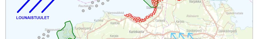 3 Tuulipuisto VE2 Vaihtoehdossa VE2 Merikylänlahden voimalat jätetään rakentamatta ja Varessäikkään rakennetaan 12 voimalaa.