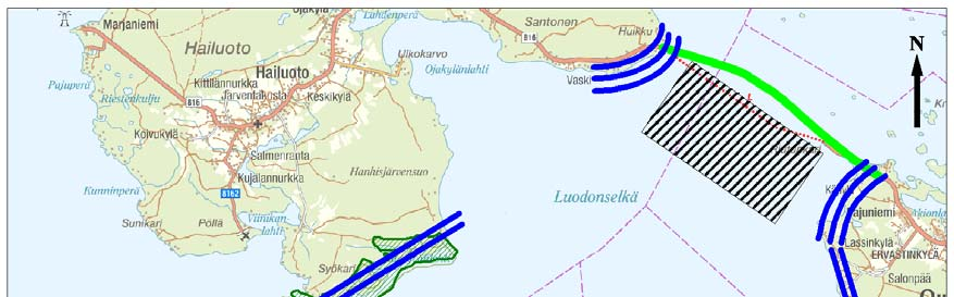 Kuva 27. Oulunsalo-Hailuoto tuulipuiston ja Siikajoen tuulipuiston arvioitu yhteisvaikutus alueella säännöllisesti tavattavaan jääeroosioon. 8.