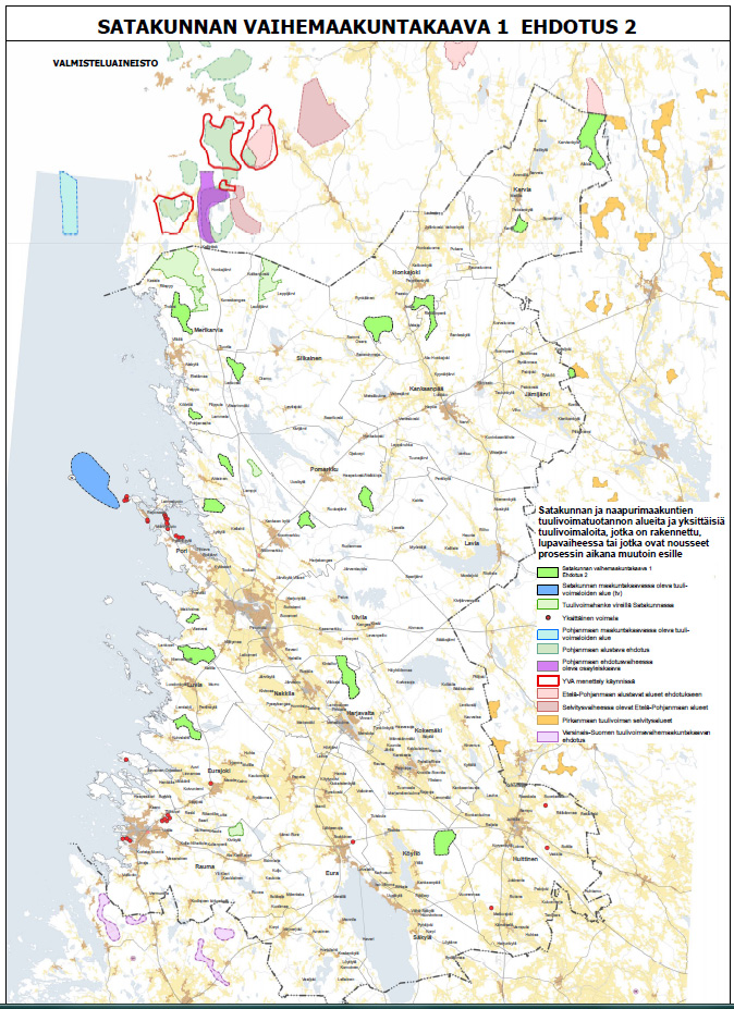 Kuva 1. Tuulivoimatuotannon alueet Satakunnan vaihemaakuntakaavan ehdotuksessa.